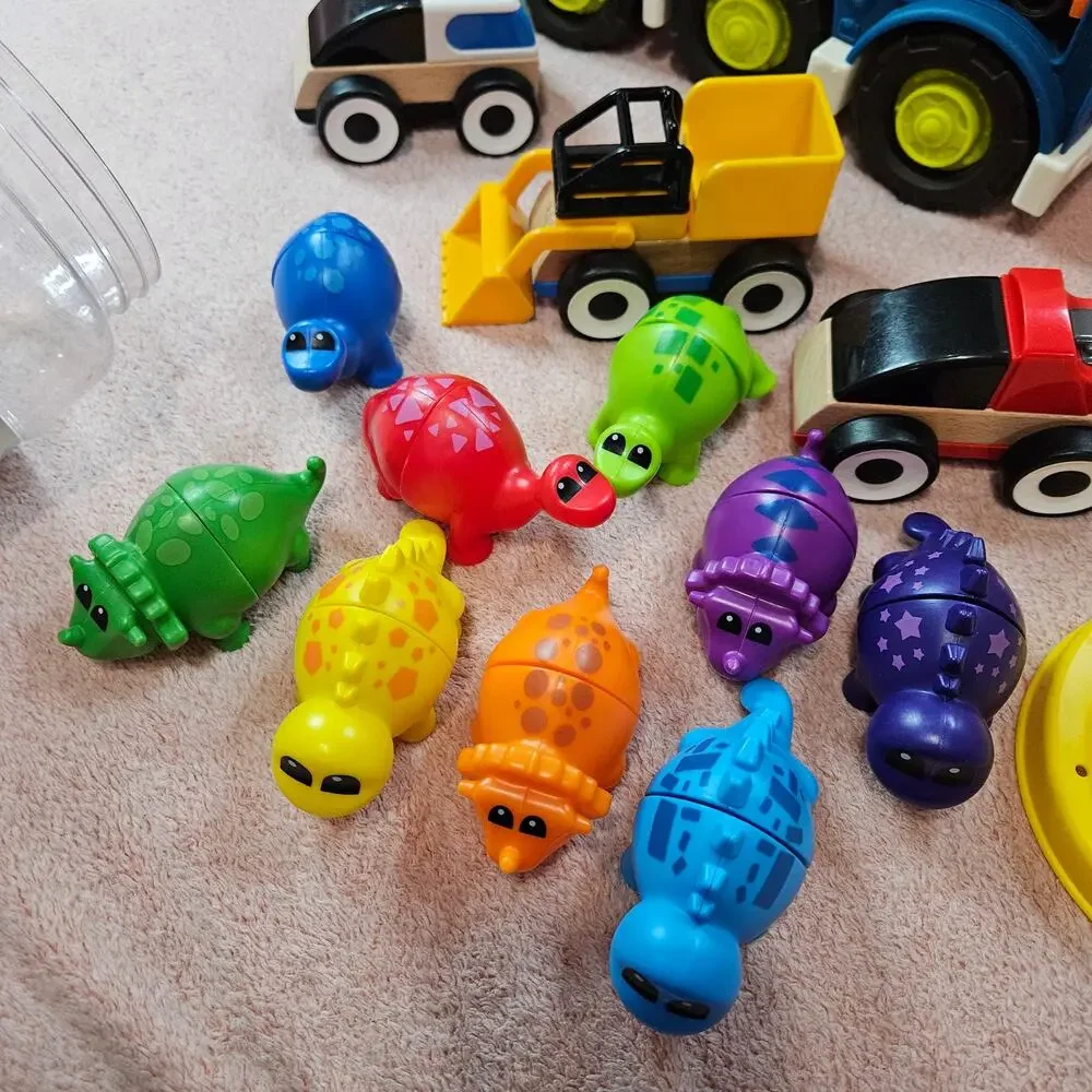 Happy Cruisers Car Carrier Truck, 10 Toy Cars, & Snap-n-Learn Matching Dinos Set